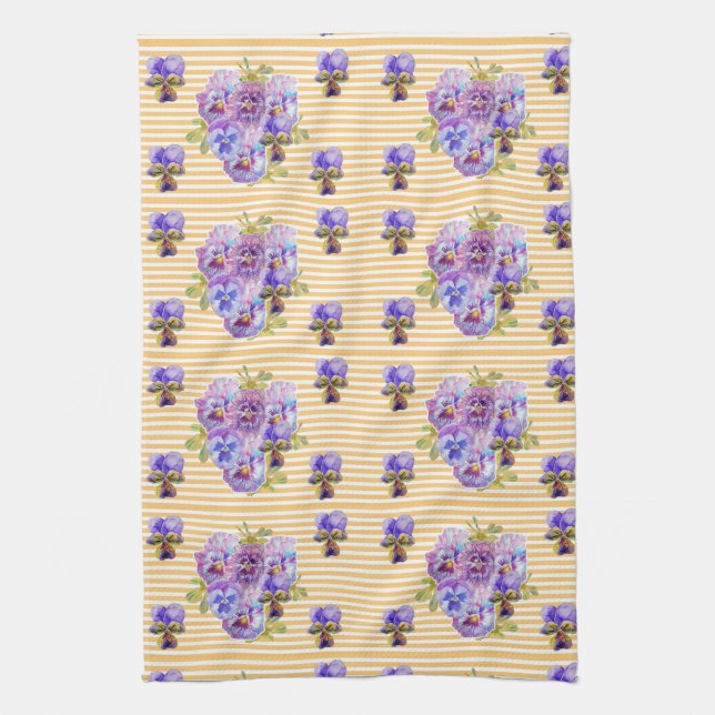 Shabby Chic Yellow Stripe Pansy Floral Tea Towel (Vertical)