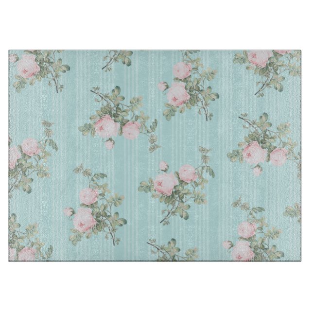 Shabby chici glass cutting board mint pink roses (Front)