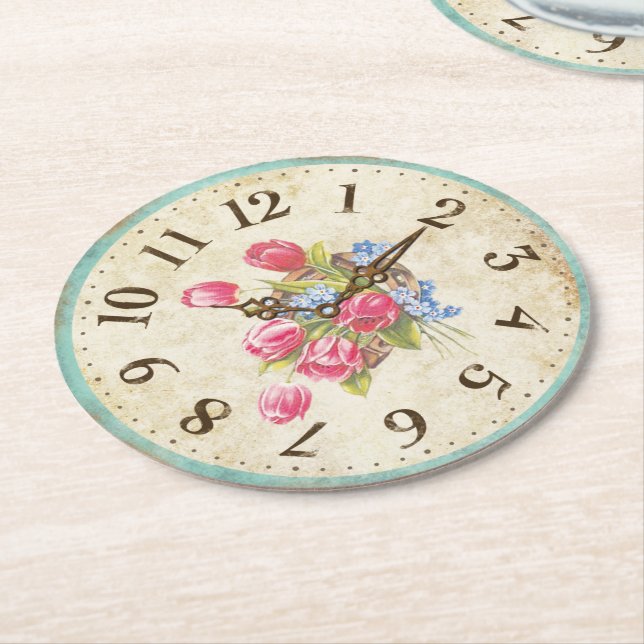 Shabby Clock with Tulips Tea Party Coasters (Angled)
