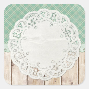 Shabby Cottage Chic Doily on Rustic Country Wood Square Sticker