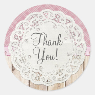 Shabby Cottage Chic Doily on Rustic Wood Thank You Classic Round Sticker