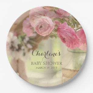 Shabby Country Chic Soft Faded Pink Flowers Paper Plate