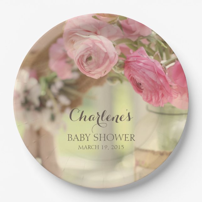 Shabby Country Chic Soft Faded Pink Flowers Paper Plate (Front)