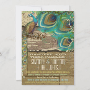 Shabby Country Peacock Vintage 3 Feathers Old Wood Invitation