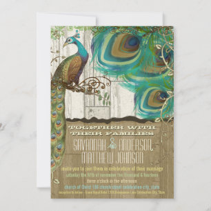 Shabby Country Peacock Vintage 3 Feathers Old Wood Invitation