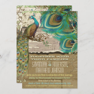 Shabby Country Peacock Vintage 3 Feathers Old Wood Invitation