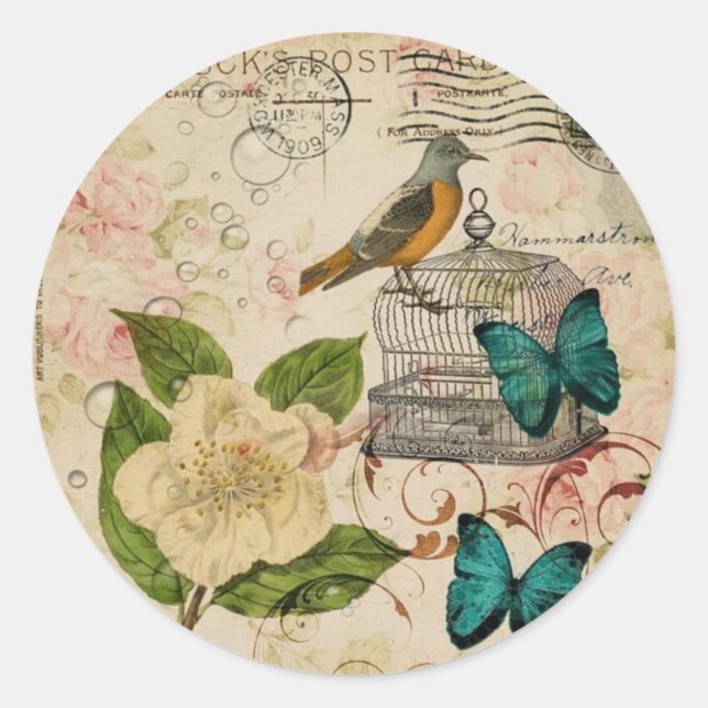 shabby elegance botanical bird french provincial classic round sticker (Front)