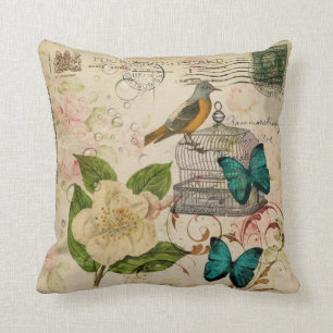 shabby elegance floral bird french botanical cushion