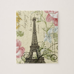 shabby elegance yellow pink floral eiffel tower jigsaw puzzle