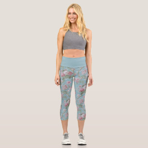 Shabby Elegant Pink and White Floral on Blue Capri Leggings