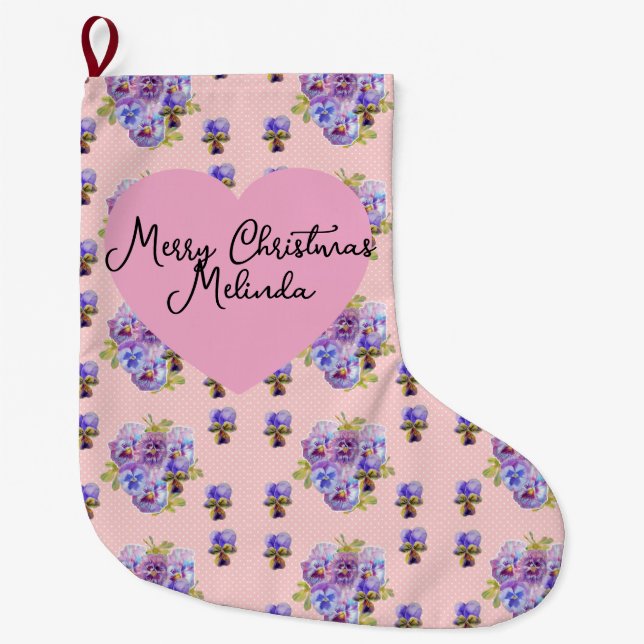 Shabby Floral Pastel Blue Christmas Girls Name Large Christmas Stocking (Front)