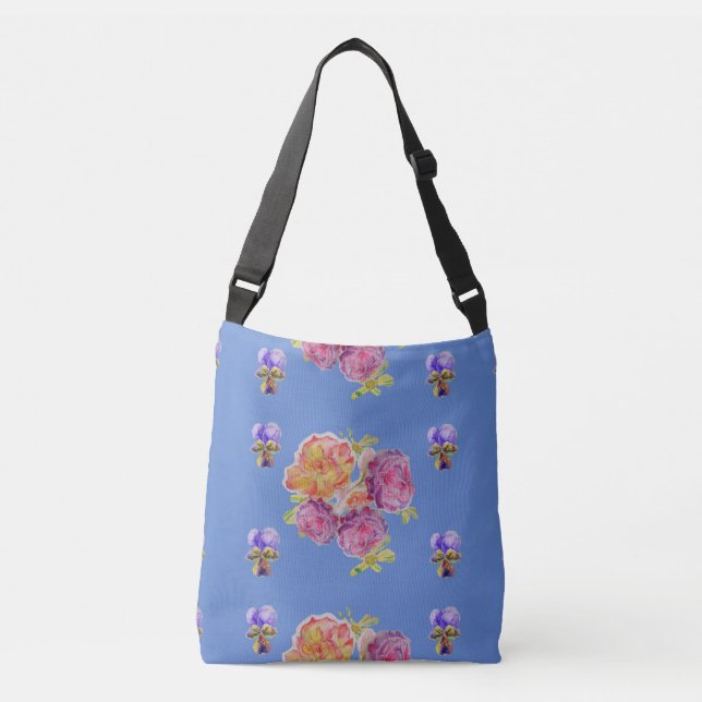 Shabby floral Pink Rose roses Crossbody Bag Blue (Front)