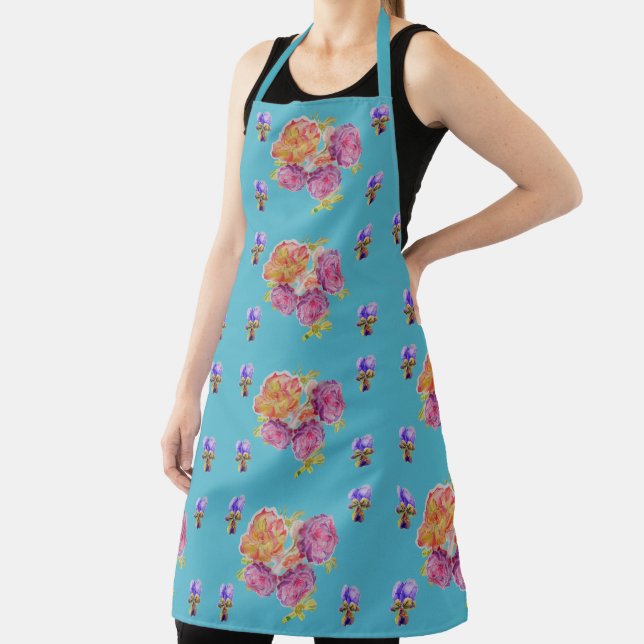 Shabby Flower Aqua Pink Roses floral Kitchen Apron (Insitu)