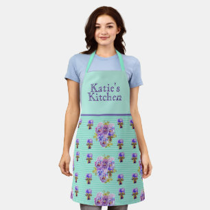 Shabby Flower Aqua Stripe art floral Kitchen Apron