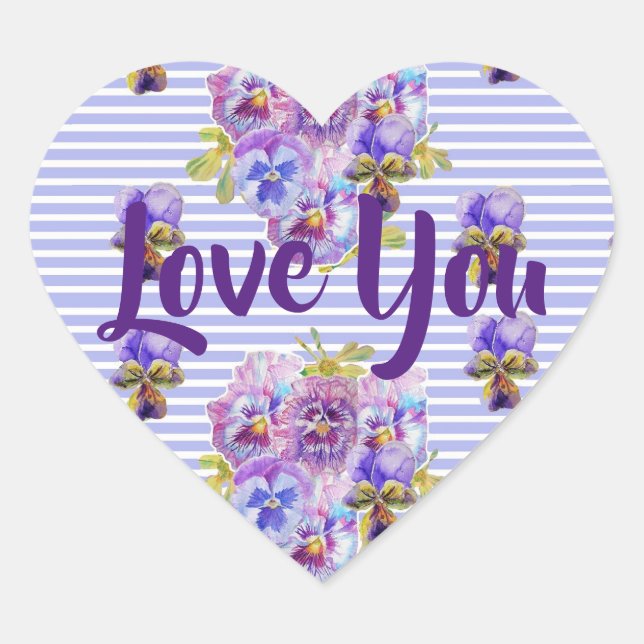 Shabby Lavender Purple Stripe flowers floral Love Heart Sticker (Front)