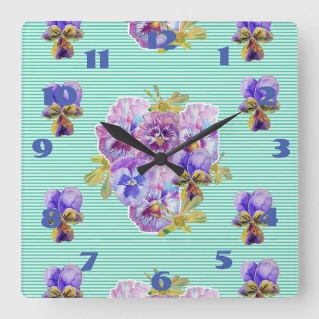 Shabby Pansies Pansy Floral Aqua Turquoise Square Wall Clock (Front)