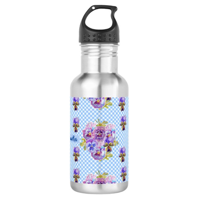 Shabby Pansy Floral Blue Gingham Flowers Girls 532 Ml Water Bottle (Front)