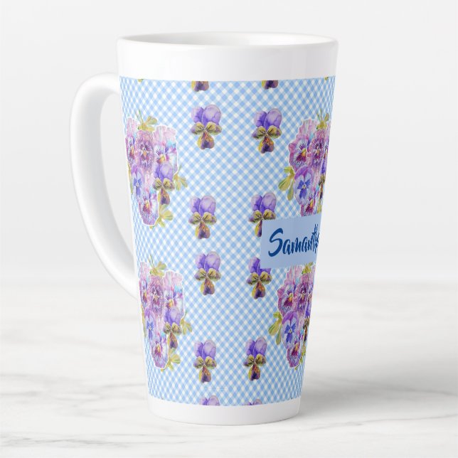 Shabby Pansy Floral Blue Gingham Flowers Girls Mug (Left Angle)