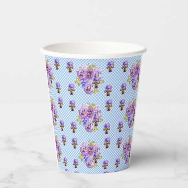 Shabby Pansy Floral Blue Gingham Flowers Girls Paper Cups (Front)