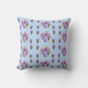 Shabby Pansy Floral Blue Gingham Flowers Retro Cushion