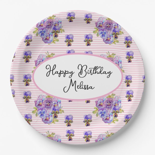 Shabby Pansy Pastel Pink Pansies Birthday Party Paper Plate (Front)