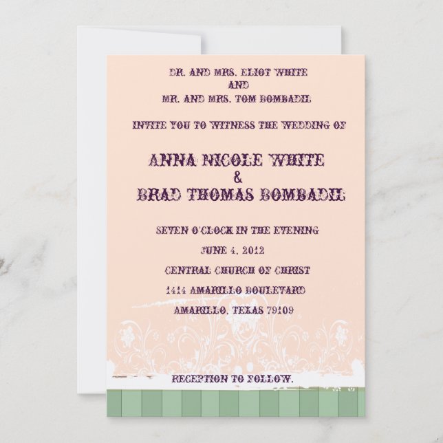 Shabby Peach and Green Wedding Invitation (Front)