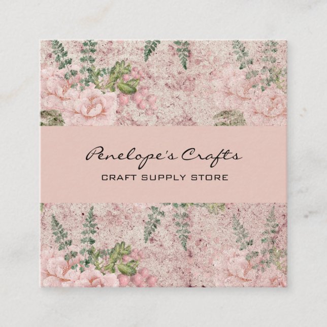 Shabby Pink Floral Square Business Card (Front)