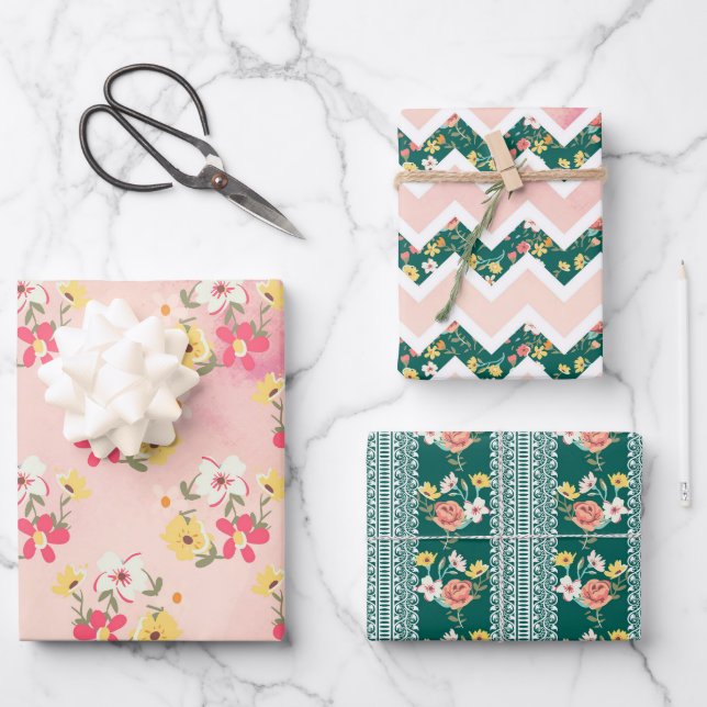 Shabby Pink Green Garden Wrapping Paper Sheet (Front)