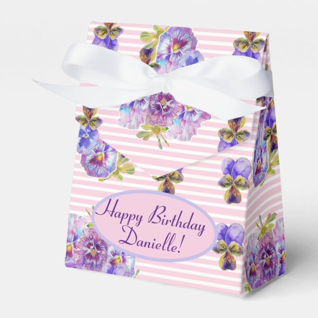 Shabby Pink Rose Floral Birthday Party Purple Favour Box (Front Side)