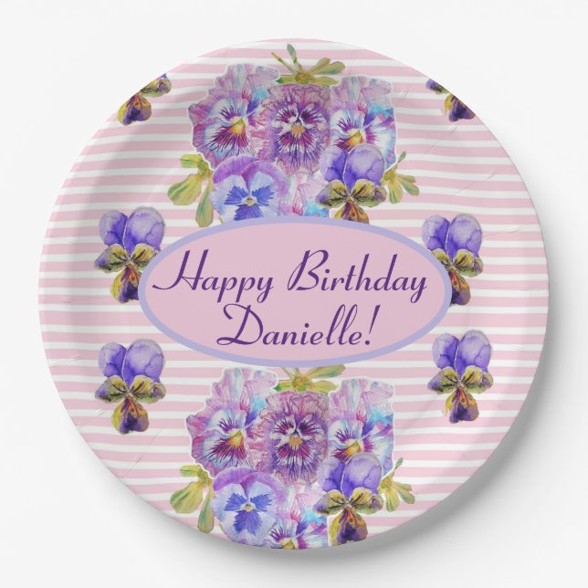 Shabby Pink Rose Floral Tea Party Purple Paper Plate (Front)