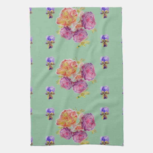 Shabby Pink Rose on Green Floral Kitchen Tea Towel (Vertical)