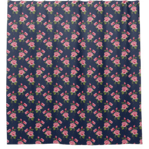 Shabby Pink Roses, Navy Background Shower Curtain
