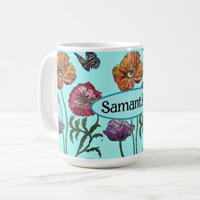  Shabby Poppy Red Purple on Aqua Customizable Name Coffee Mug (Front Left)