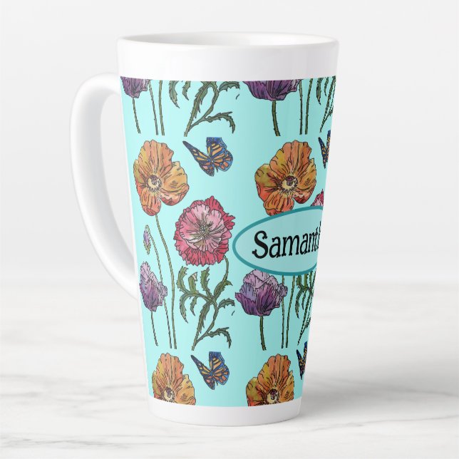  Shabby Poppy Red Purple on Aqua Customizable Name Latte Mug (Left Angle)