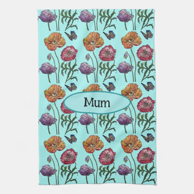  Shabby Poppy Red Purple on Aqua Customizable Name Tea Towel (Vertical)