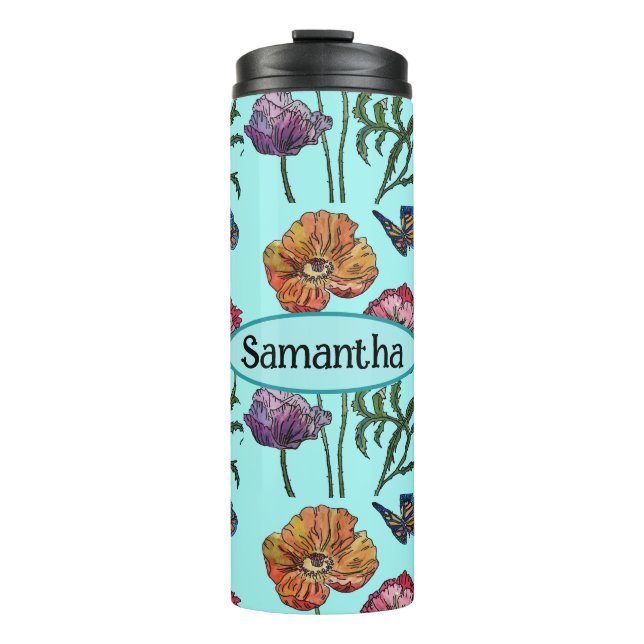  Shabby Poppy Red Purple on Aqua Customizable Name Thermal Tumbler (Front)