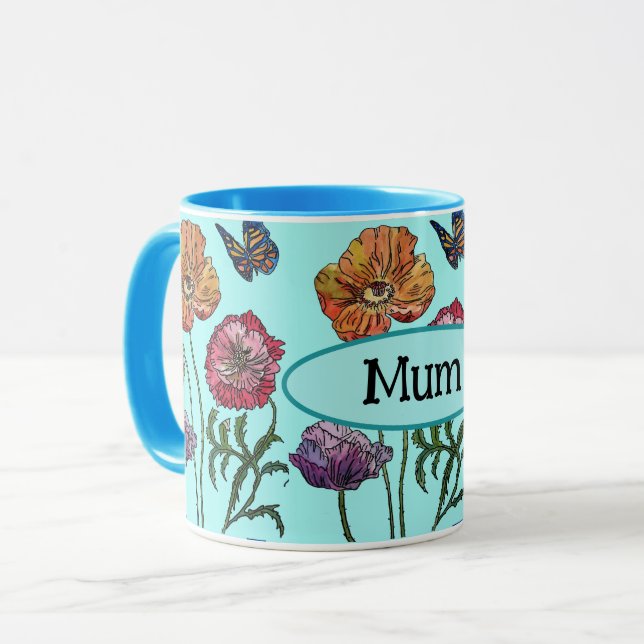  Shabby Poppy Red Purple on Aqua Mum Mothers Day Mug (Front Left)