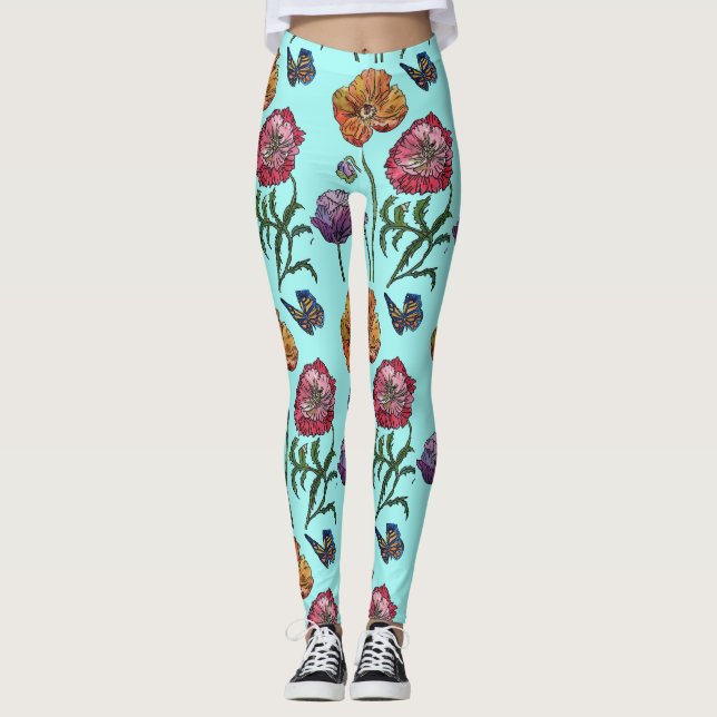  Shabby Poppy Red Purple on Aqua Turquoise Art Leggings (Front)