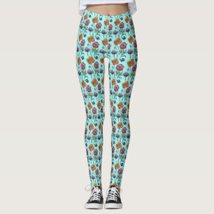 Shabby Poppy Red Purple on Aqua Turquoise Art Leggings