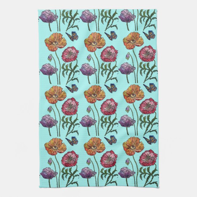  Shabby Poppy Red Purple on Aqua Turquoise Tea Towel (Vertical)