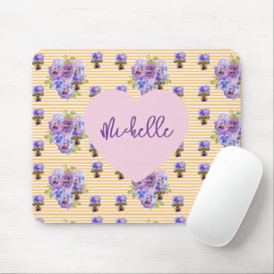 Shabby Purple Pansy floral Yellow Mouse Mat Pad