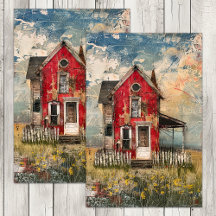 SHABBY RED RUSTIC HOUSE MIXED MEDIA DECOUPAGE