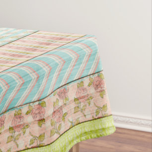 Shabby Rose Pastel Pattern on Rustic Wood Cottage Tablecloth