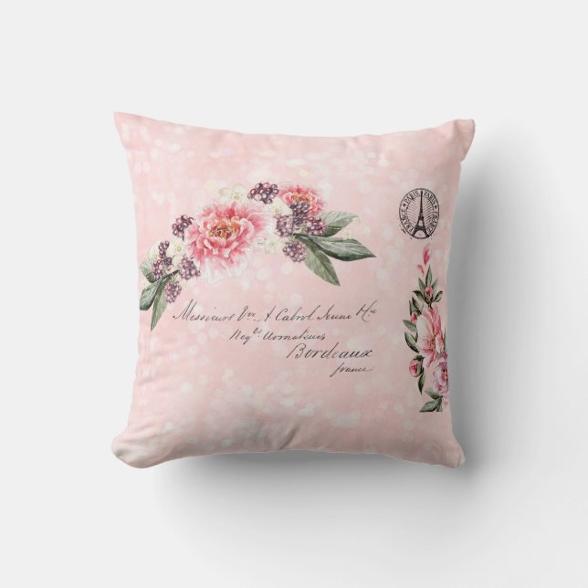 Shabby Roses French Address Paris Postmark Cushion (Front)