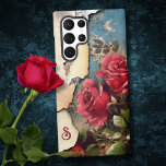 Shabby Roses on Distressed Torn Paper w/Monogram Samsung Galaxy Case<br><div class="desc">Unique and cool grungy red vintage roses and foliage on a background of torn distressed parchment and blue antique paper background with editable text for monogram.</div>