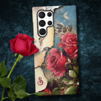 Shabby Roses on Distressed Torn Paper w/Monogram