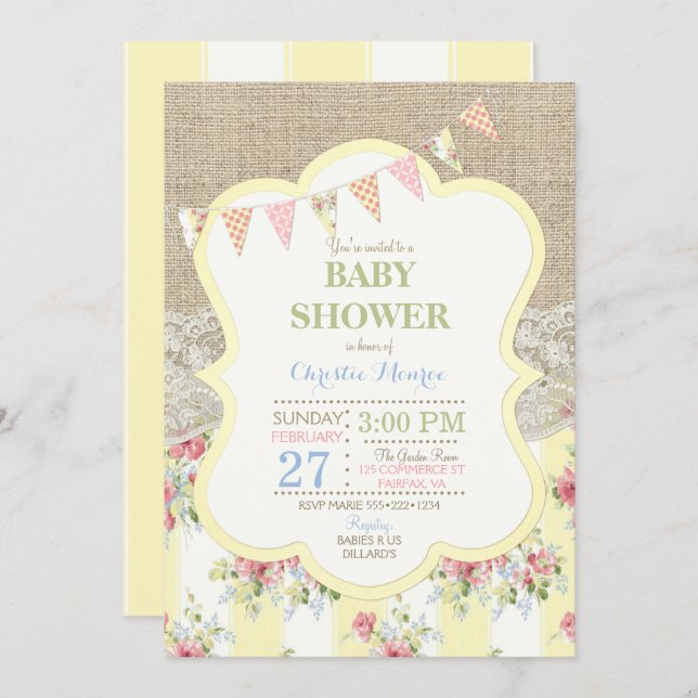 Shabby Rustic Country Chic Floral Lace Burlap Invitation (Front/Back)