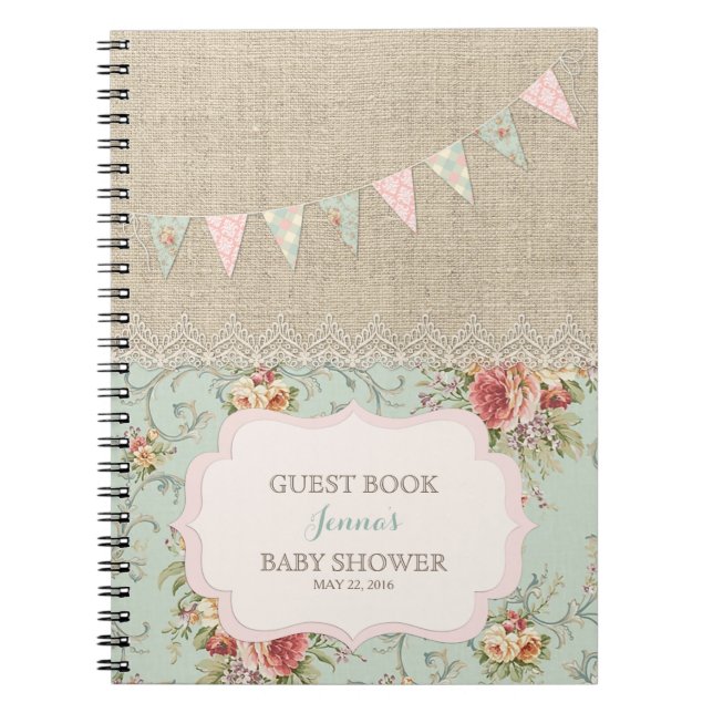 Shabby Rustic Country Chic Floral Lace Burlap Notebook (Front)