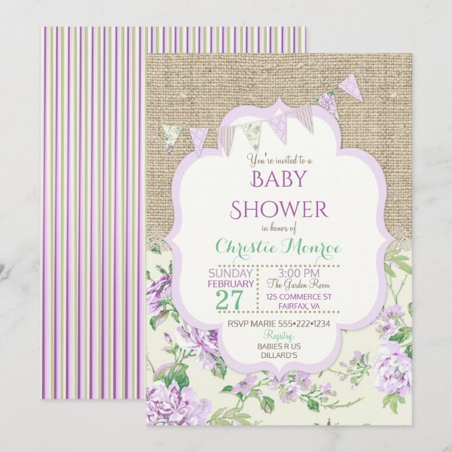 Shabby Rustic Country Chic Lavender Lace Burlap Invitation (Front/Back)
