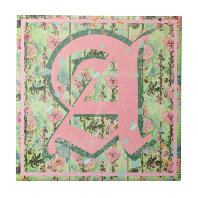 Shabby Shic Distressed Monogram Mallow Flowers Tile (Front)